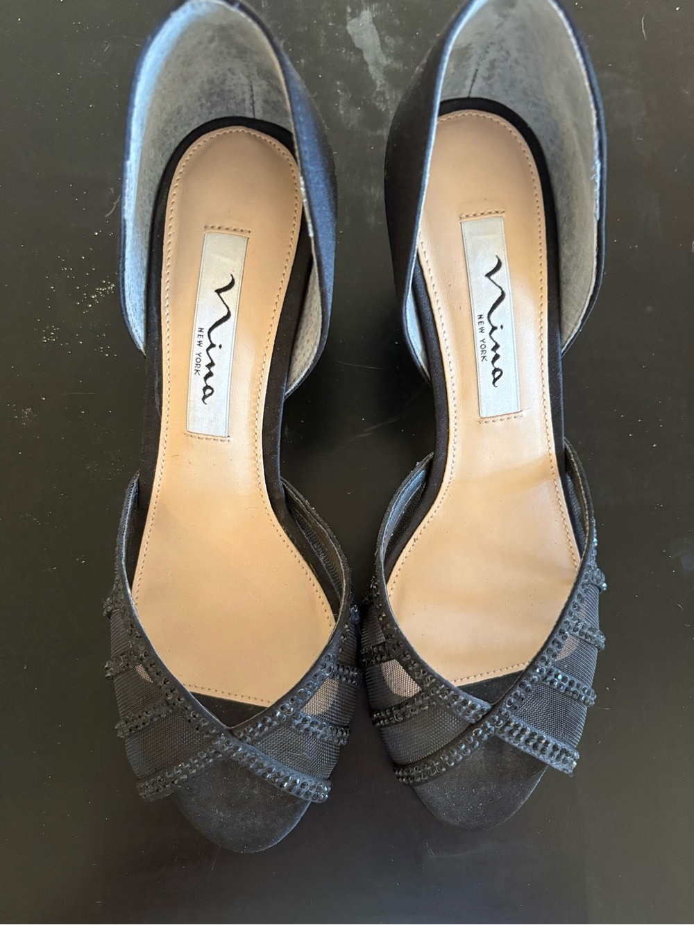 Nina Black Peep-Toe Dress Heels with Beaded Straps Size 6